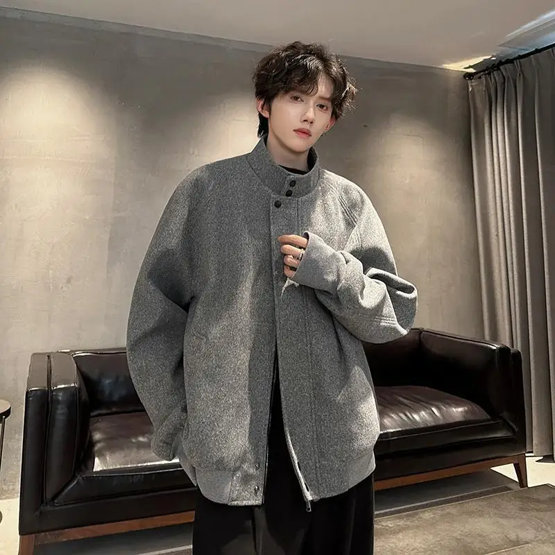 

Мужская шерстяная куртка в корейском стиле с коротким воротником-стойкой, зимнее простое повседневное прочное стильное осеннее пальто премиум-класса