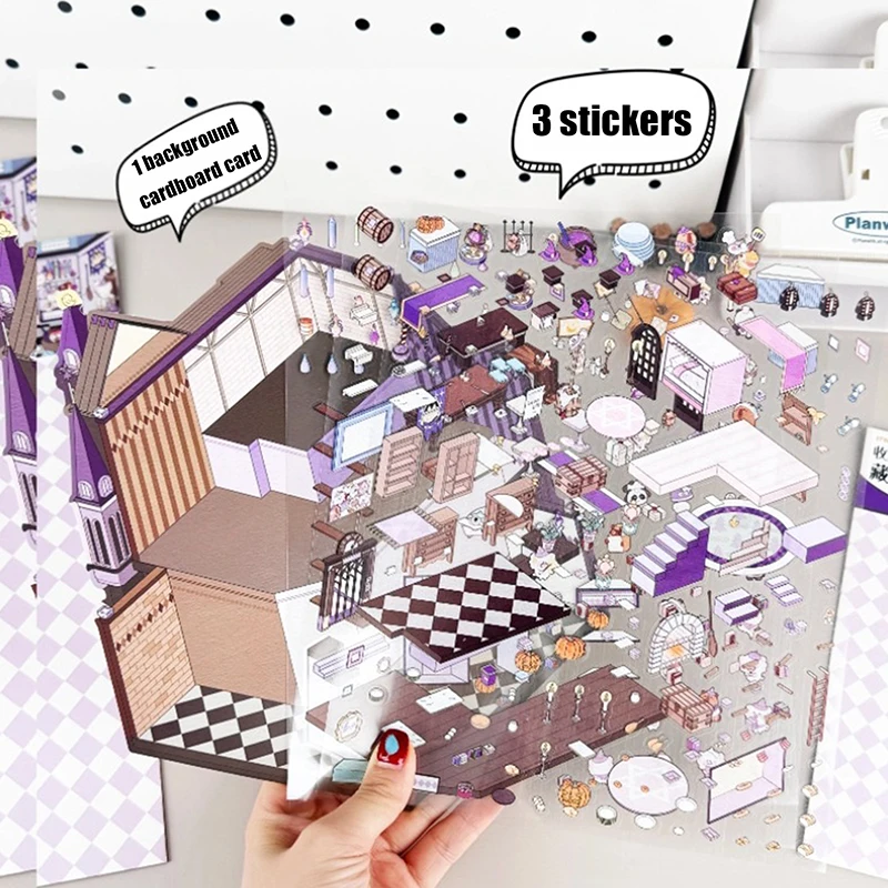 1 Set Cute Gift For Kid Large Storage Miniature Scene 3D Landscaping Stickers DIY Cabin Scene Stacking And Pasting Hand Account