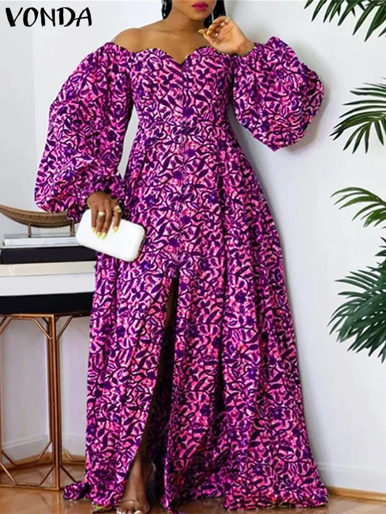 

Plus Size 5XL VONDA Women Bohemian Maxi Dress Off The Shoulder Sundress Floor-Length Printed Vestidos 2025 Casual Robe Loose