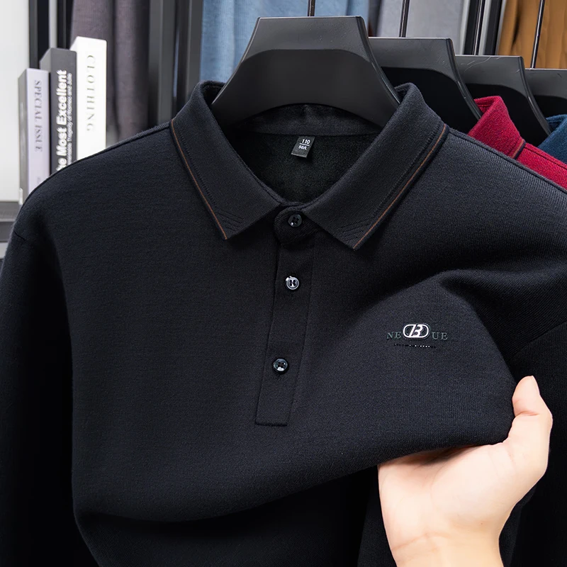 

Осень-зима 2022, новая вязаная шерстяная рубашка-поло, мужская толстая повседневная теплая футболка с длинными рукавами