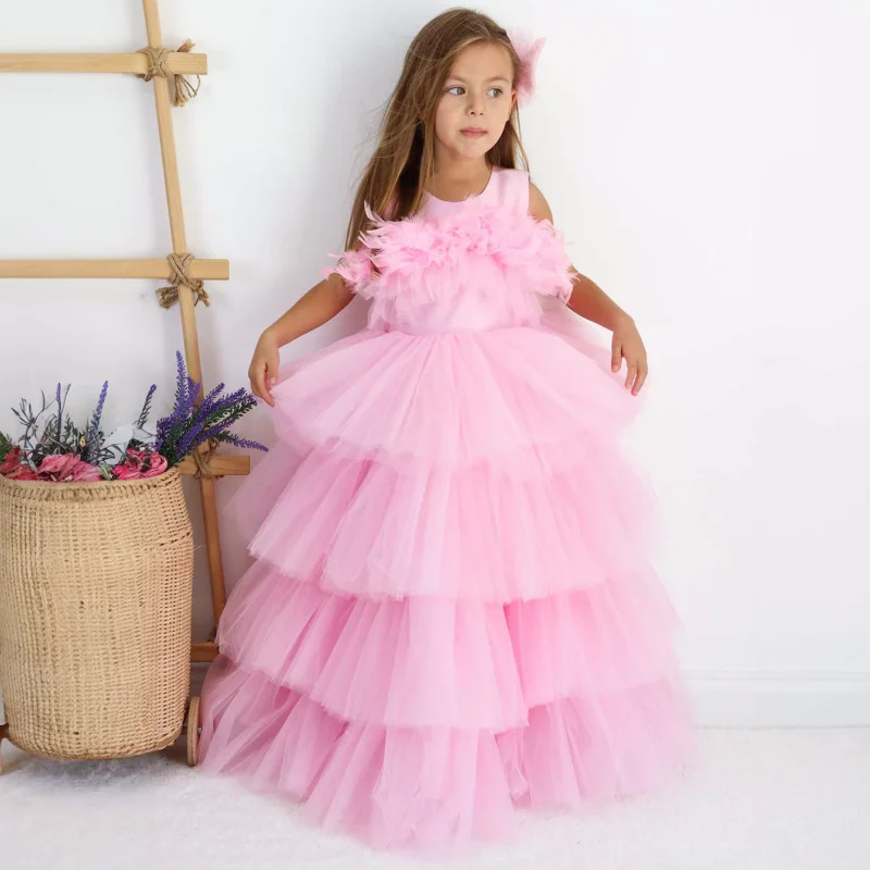 Vestidos florais rosa personalizados para meninas, vestidos de tule em camadas sem mangas para casamento, aniversário, banquete, baile, comunhão sagrada