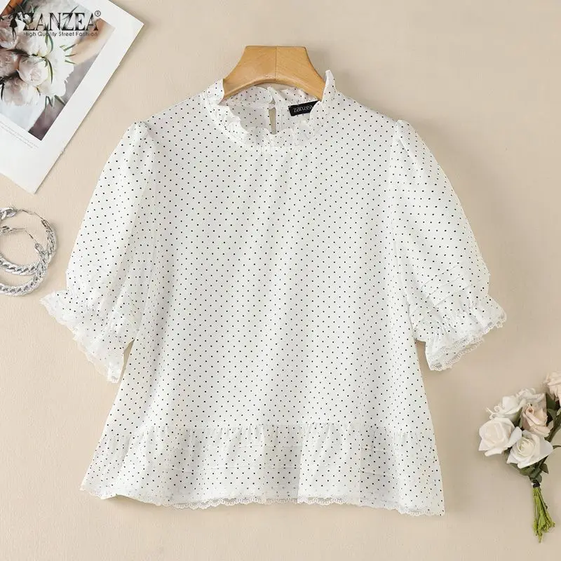 ZANZEA-Blusas de verano con encaje y patchwork para mujer, blusas con volantes y cuello redondo, mangas tipo linterna, Blusas elegantes con lunares para mujer