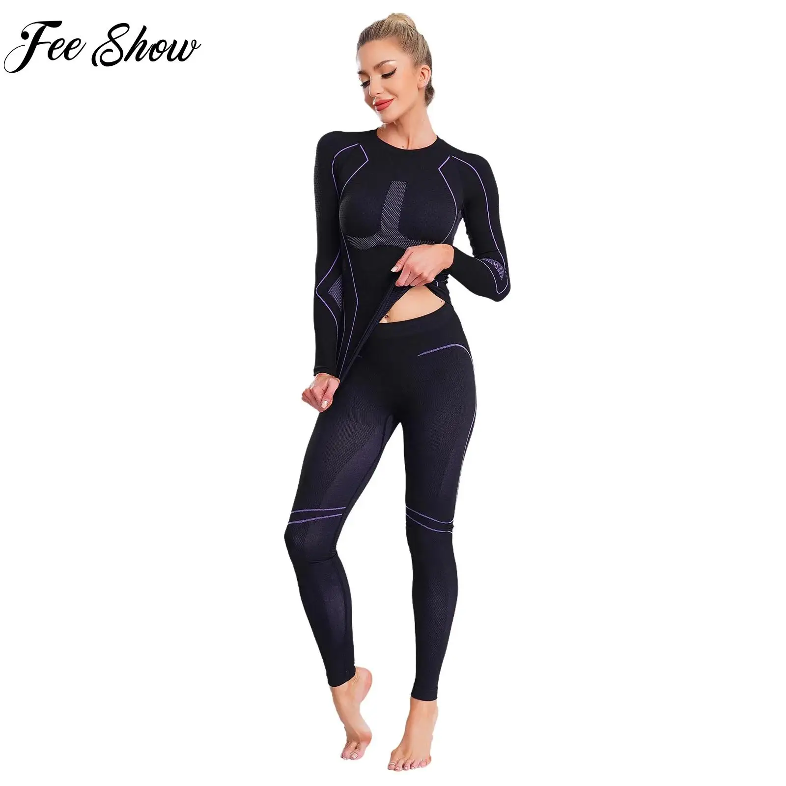 

Женское влагоотводящее быстросохнущее термобелье для катания на лыжах, спортивный костюм, топ с длинными рукавами, леггинсы, комплект для йоги, велоспорта, пешего туризма