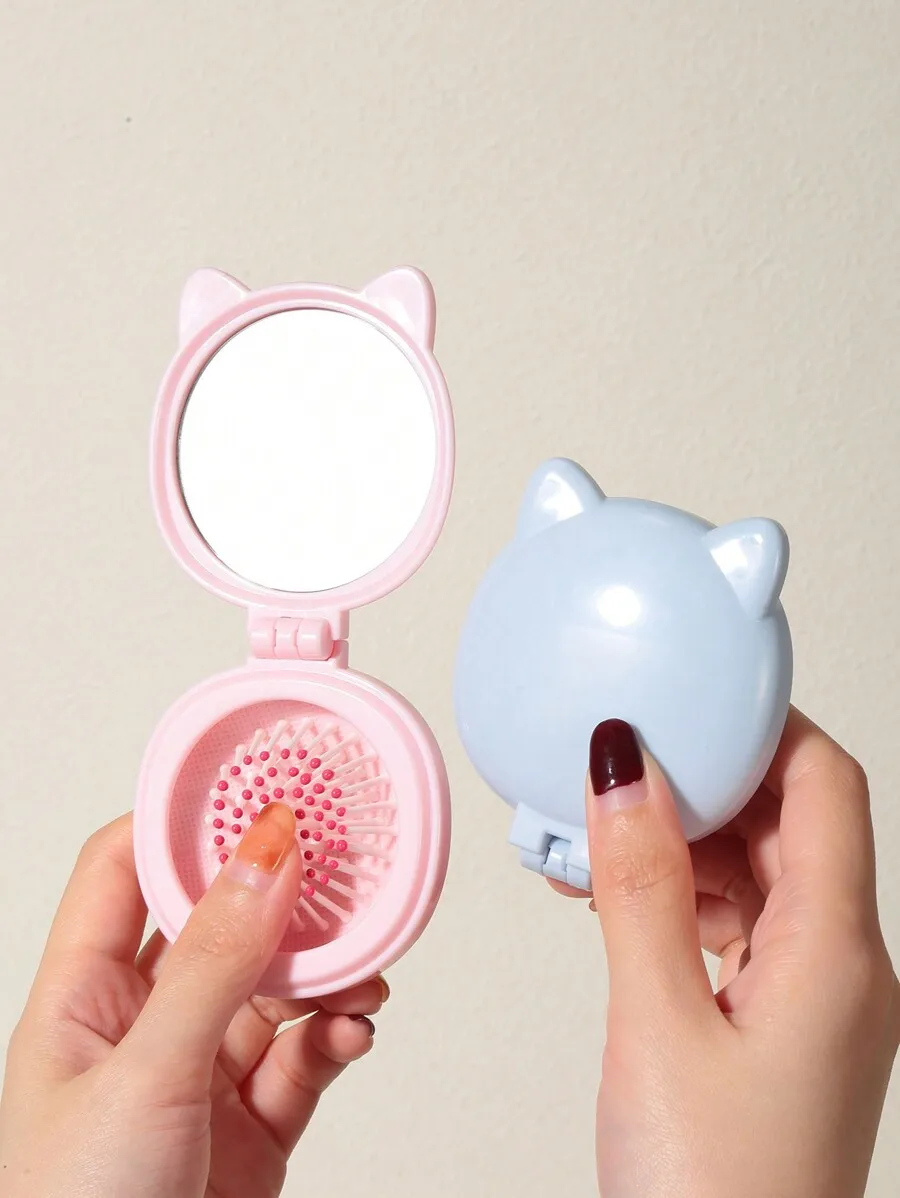 

Portable Cat-Ear Folding Hair Comb With Mirror For Women