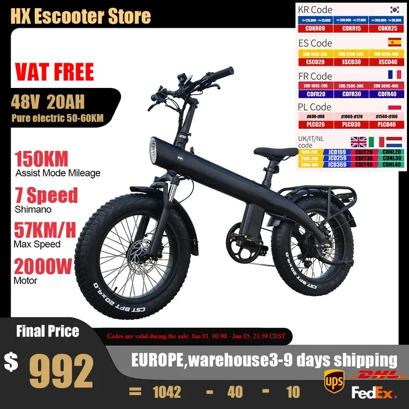 

Q20PRO 2000W Adult Electric Bicycle 48V 20AH E Bike Removable Battery Foldable Ebike 20 inch fat tire Electric Bike