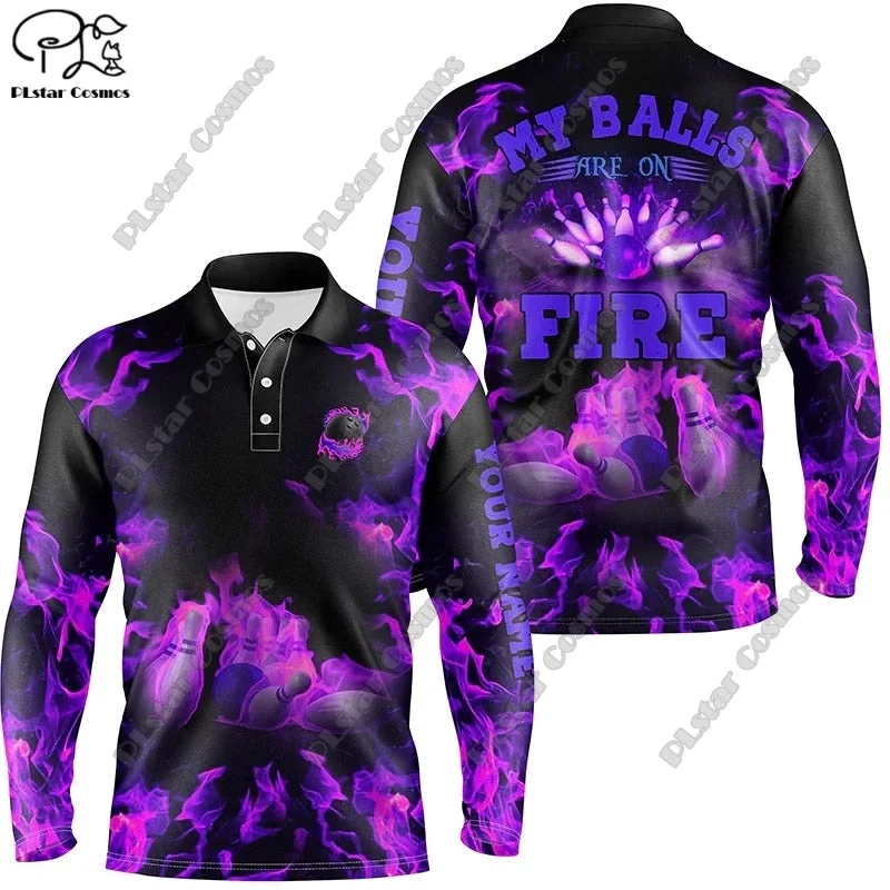 New Colorful Flame Crash Bowling Polo Shirt Custom name Men's and Women's Bowling Jersey 3D Printed Long Sleeve Polo Shirt X-1