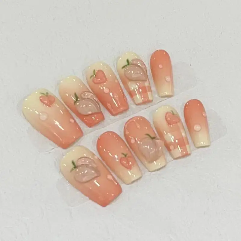 10Pcs Handmade Press on Nails Short Fake Nails with Peach Design Wearable Stick-on Nails False Nail Накладные Ногти Nail Art 네일팁