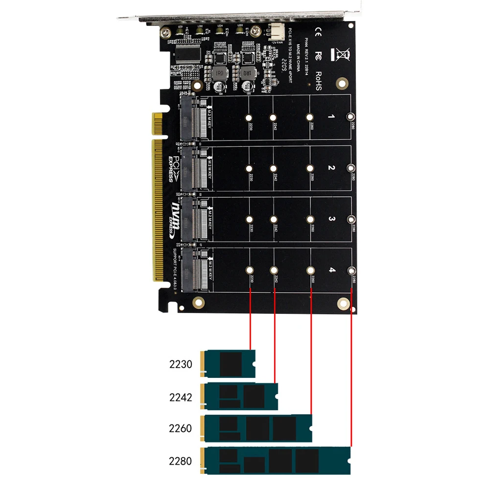 Nvmeからpcie x16へのssdハードドライブコンバーター,4x32gbpsアダプター,コンバーターカード,2230, 2242, 2260, 2280をサポート,LEDインジケーター,4ポート