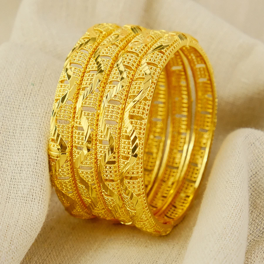 Dubai Women's Wave Gold Plated Indian African Hard Bracelet Charming Wedding Ethiopia Arab Handmade Jewelry Luxury