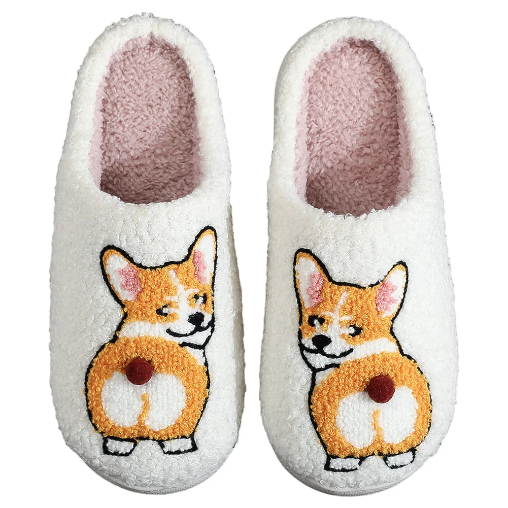 

Plush Dog Slippers Cartoon Animal Slippers Anti Slip Slip-on House Shoes Comfortable Thermal Corgi Slippers for Indoor Bedroom