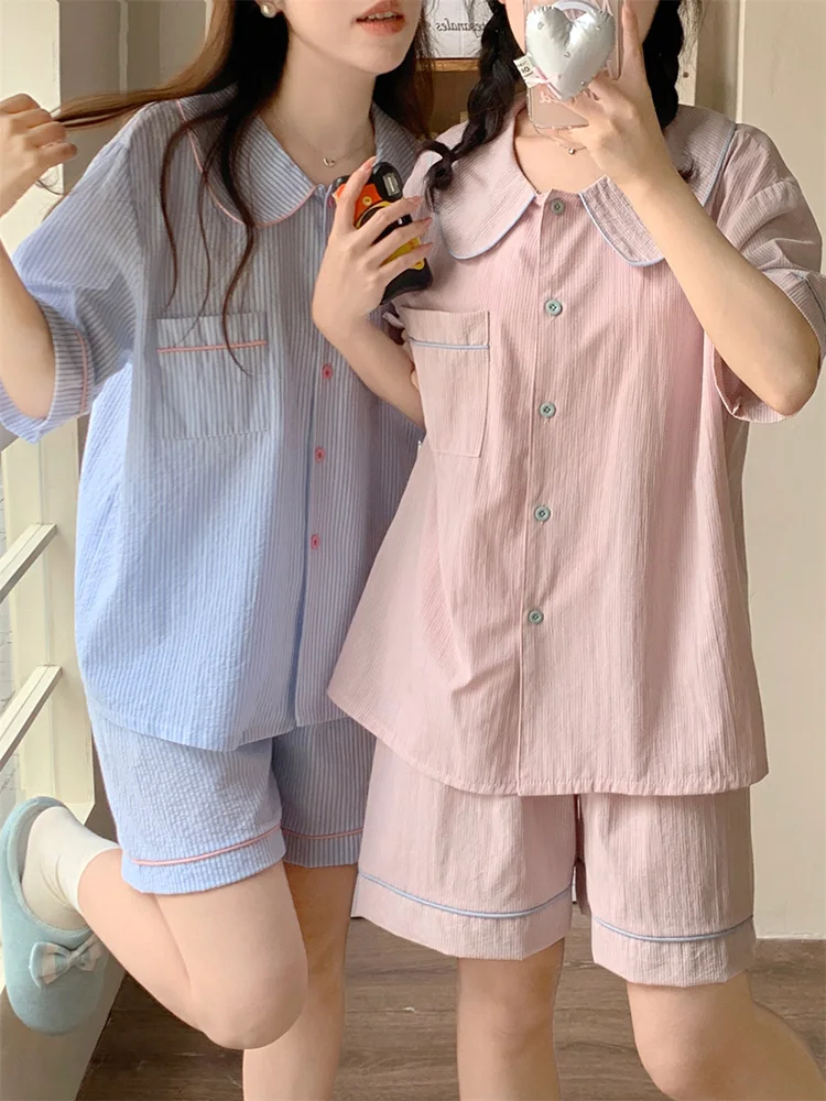 

New Soft Solid Simple Sweet Stripe Doll collar Short Sleeve Pajama Set Women Cute Elegant Casual Comfortable Spring Sleep Tops