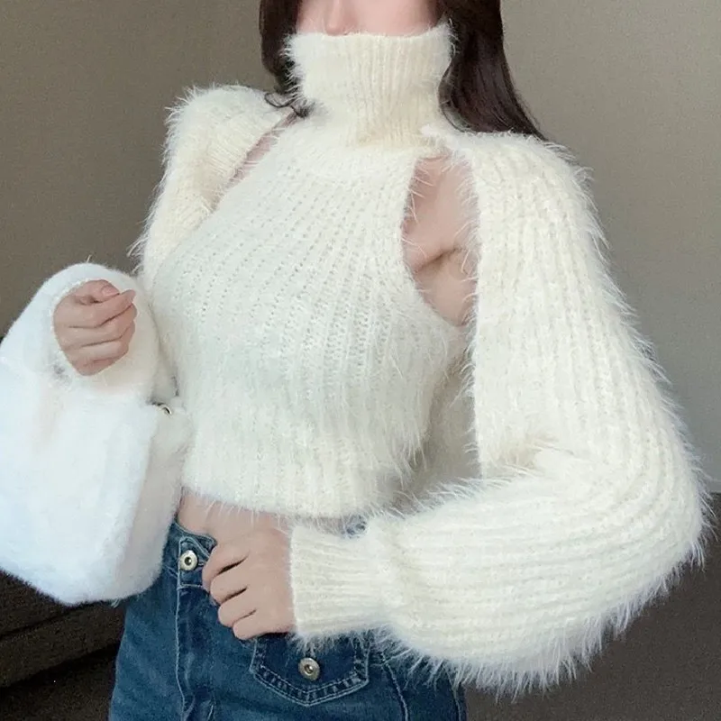 Korean style Long-sleeved Cardigans Vest Femme Autumn New Womens Loose Casual Capes Sweater Solid Knitwears Tops Two-Piece Set