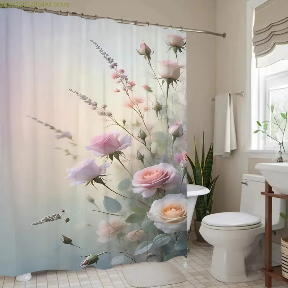 

1 шт., мягкая пастельная занавеска для душа из полиэстера с цветочным принтом розы — моющаяся, без сверления, подвесная, машинная стирка, декор для ванны с ярким Pi
