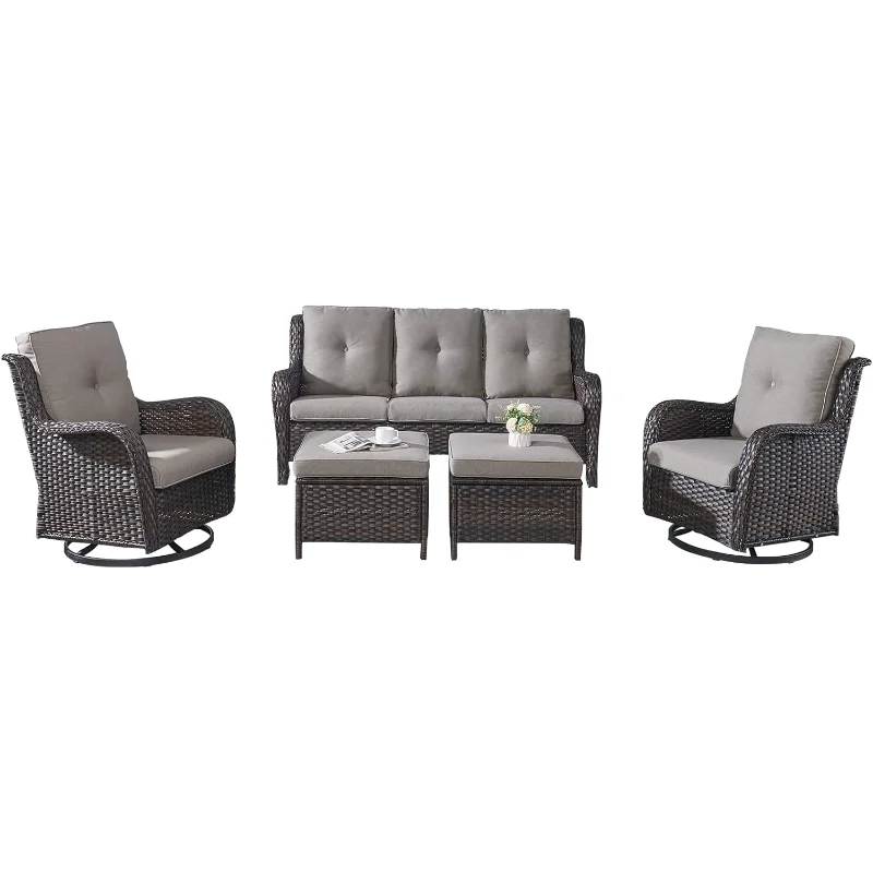 

Wicker Patio Furniture Set - 5 Piece Rattan Outdoor Sectional Conversation Sets with 2 Rocking Swivel Chairs,2 Ottomans