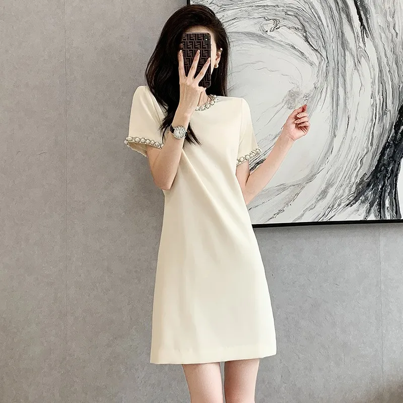 

Heavy Embellied High Waist Pure Color Midi Dr Ele Sle Cotton ort Sve A-Line Skirt Busin Casual Summer New