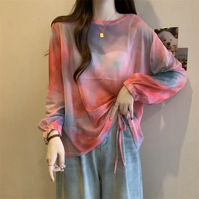 Tie Dye Lantern Sleeve Loose T-Shirt With Lace Up Detail For Women Casual Spring Summer Wear