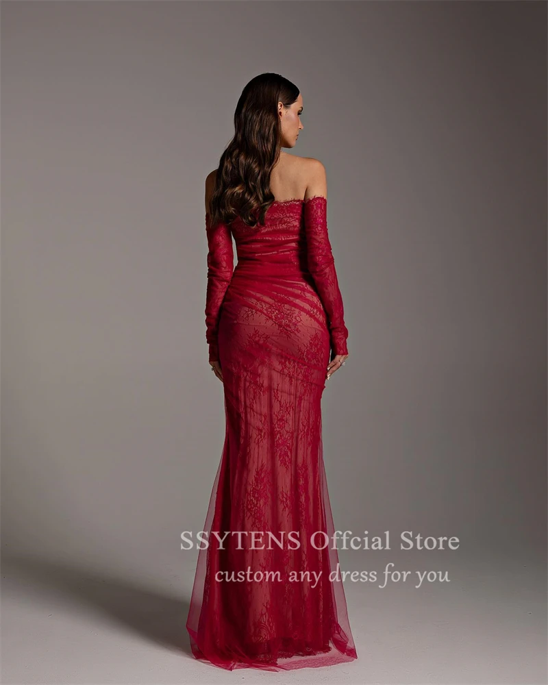 SSYTENS Red Special Occasion Party Dress Mermaid Formal Prom Gowns Customized Lace Detachable Long Sleeves Saudi Evening Dresses