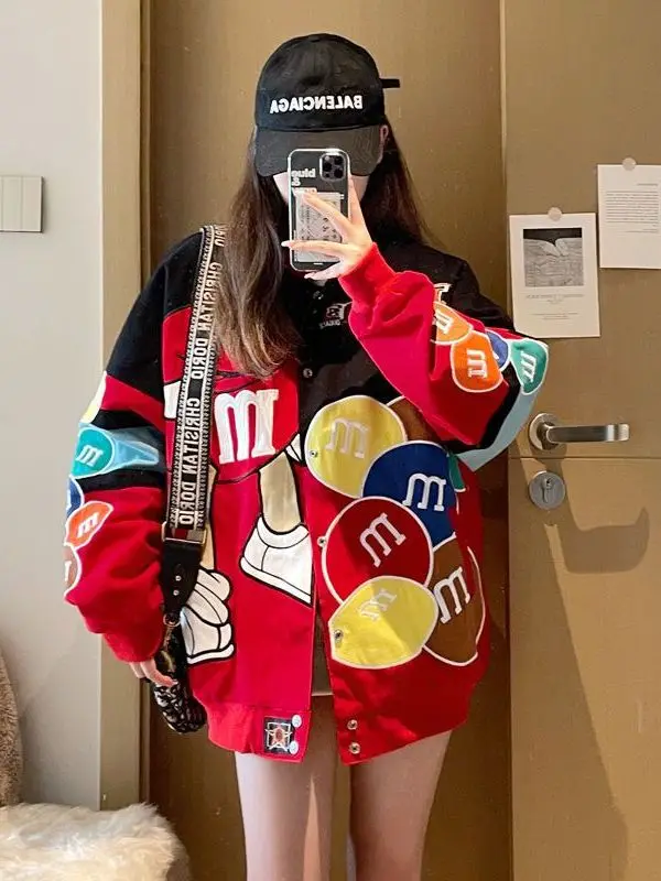 

Loose Fit Motorcycle Baseball Jaet Men's Racing Jaet Couple's Autumn Street Sle Windproof Cotton Long Sve Coat