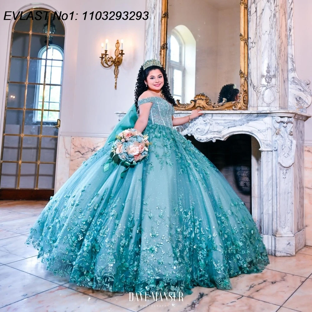 

EVLAST Customized Mexican Mint Ball Gown Quinceanera Dress Floral Applique Beading Tiered Sweet 16 Vestidos De 15 Anos E1QN176