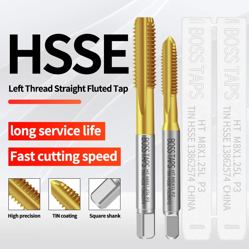 BOSS TAPS HSSE-M35 JIS Standard TIN Coating  Left Hand Straight Fluted Hand Tap M2 M3 M4 M5 M6 - M12 Machine Screw Thread Taps