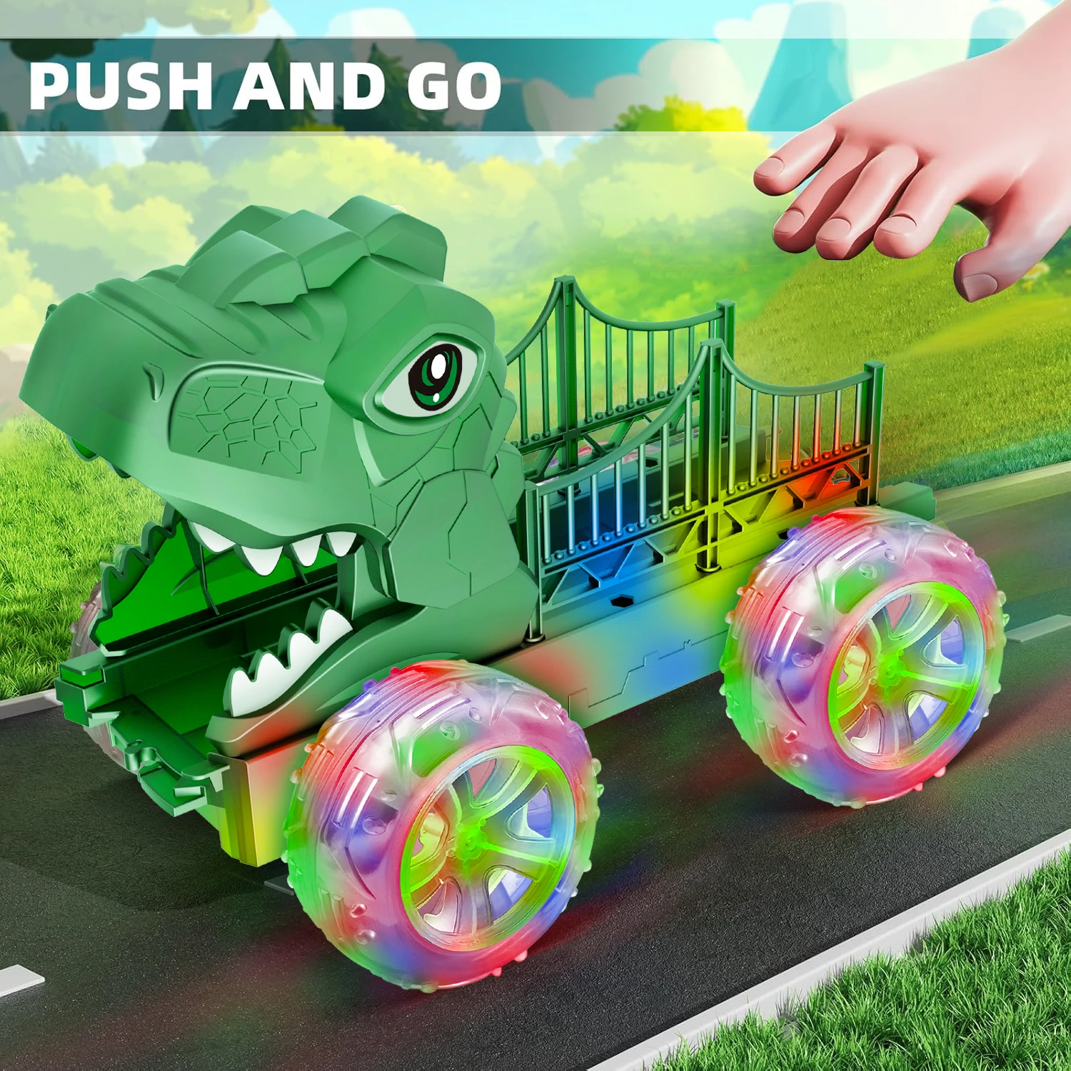 รถบรรทุกไดโนเสาร์ชุดของเล่นไฟ LED ไฟกระพริบไดโนรถขนส่งของขวัญสำหรับเด็กชายและเด็กหญิงอายุ 3-6 ปี