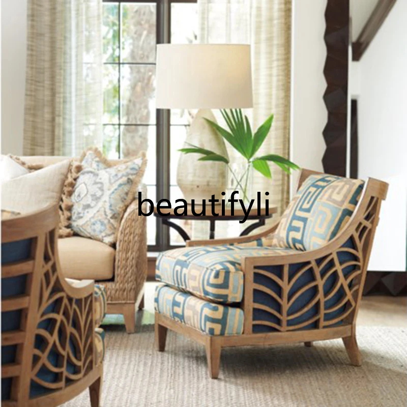 

American Style Hollow Carved Sofa Chair Solid Wood Oak Printed European Style Simple Design Light Luxury Living Room Sofa