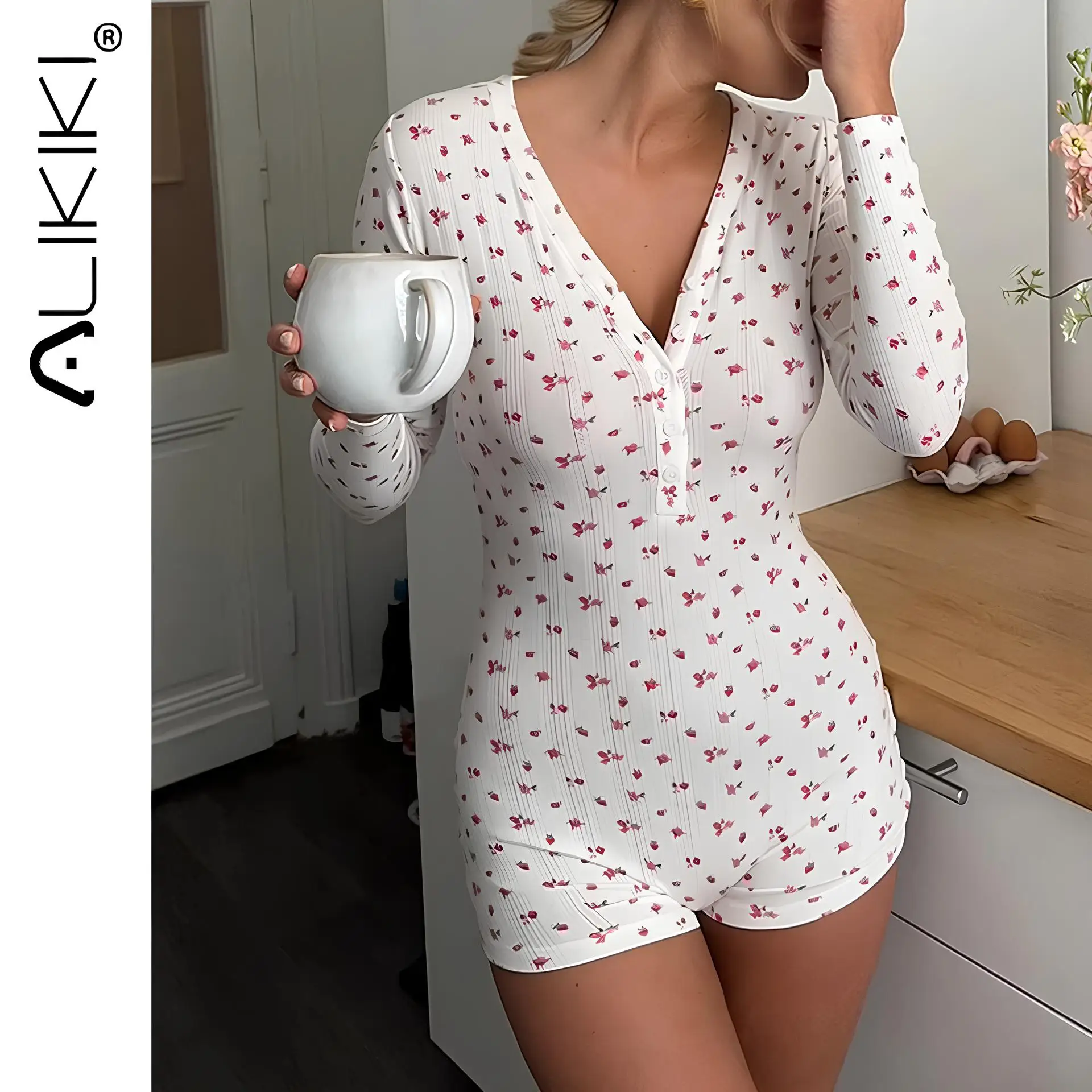 

Floral Shorts Jumpsuit Pajamas Women Low Cut Long Sleeve Romper Skinny Summer Onesies Sleepwear Casual Home Clothes