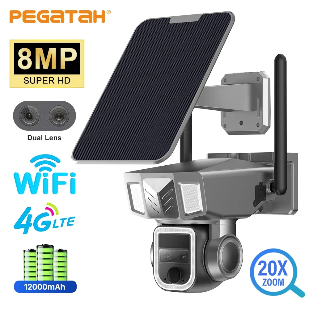 PEGATAH 8MP 4G Dual Lens Solar Camera 20X Zoom 4K WiFi Solar Cam PIR Human Detection PTZ Security Waterproof Cameras