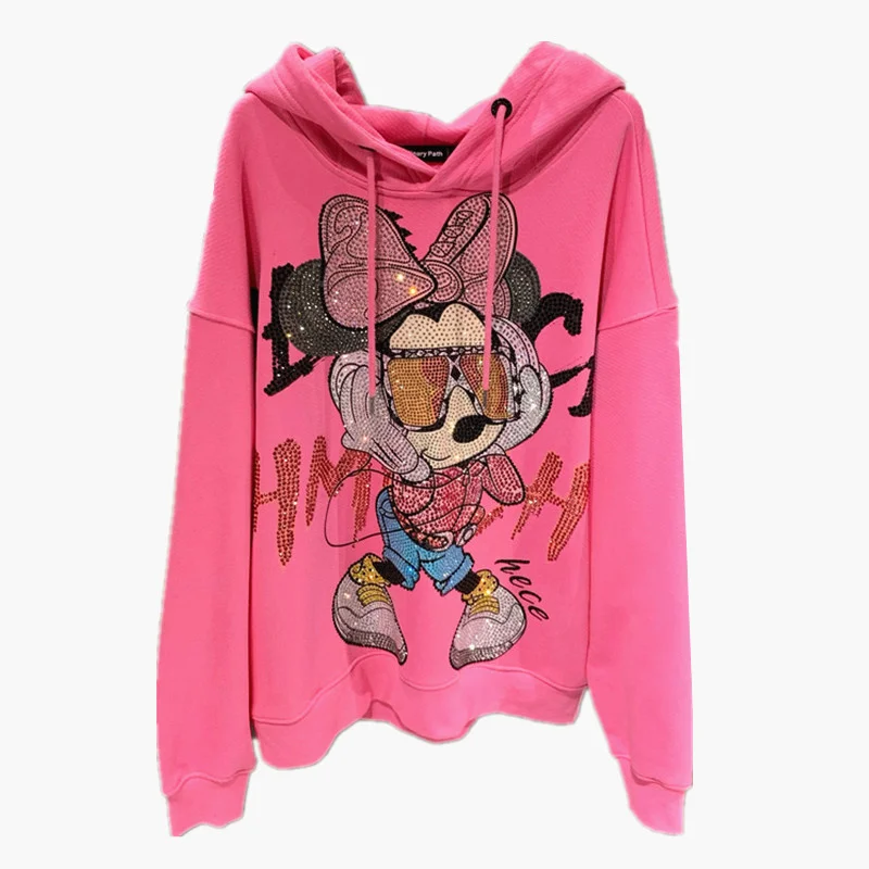 Luxury Sparkling Diamond Cute Age Reducing Women Hooded Pullover Top Pink Sweatshirt Oversize Mid-long Trendy Cotton Hoodies