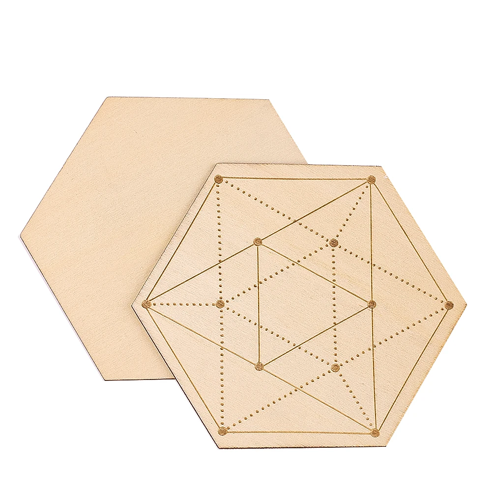 10cm Hexagonal Wooden Board Laser Engraved Yoga Meditation Board Divination Message Board Crystal Display Base Ritual Supplies