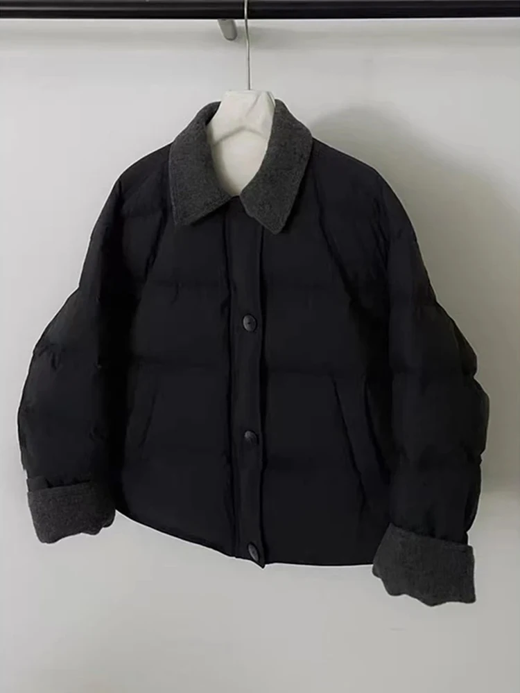 Korean Style Short Puffer Jacket Women's Thickened Warm Color Block Collarless Coat Black Cotton down Winter New Arrival