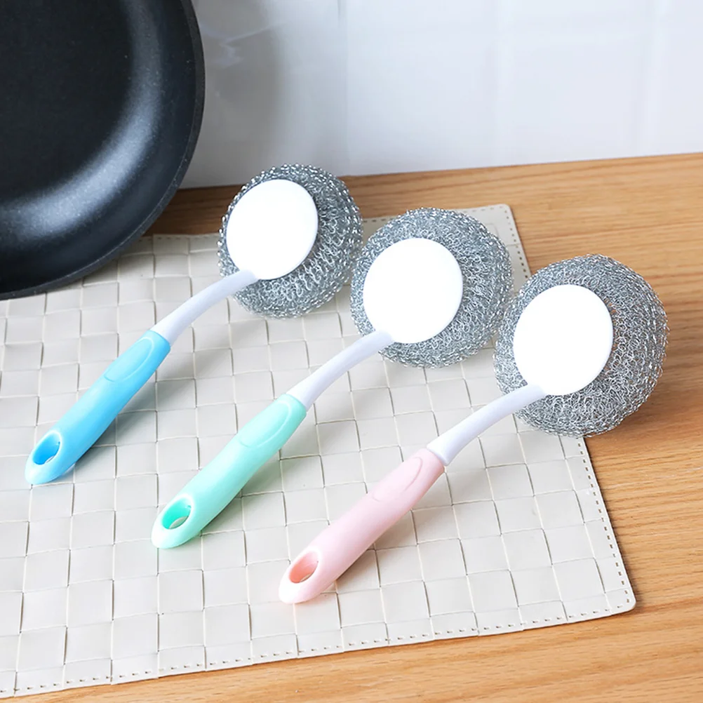 

3 Pcs Long Handle Brush Metal Scouring Pads Stainless Steel Sponges Scrubbers Cleaning Ball