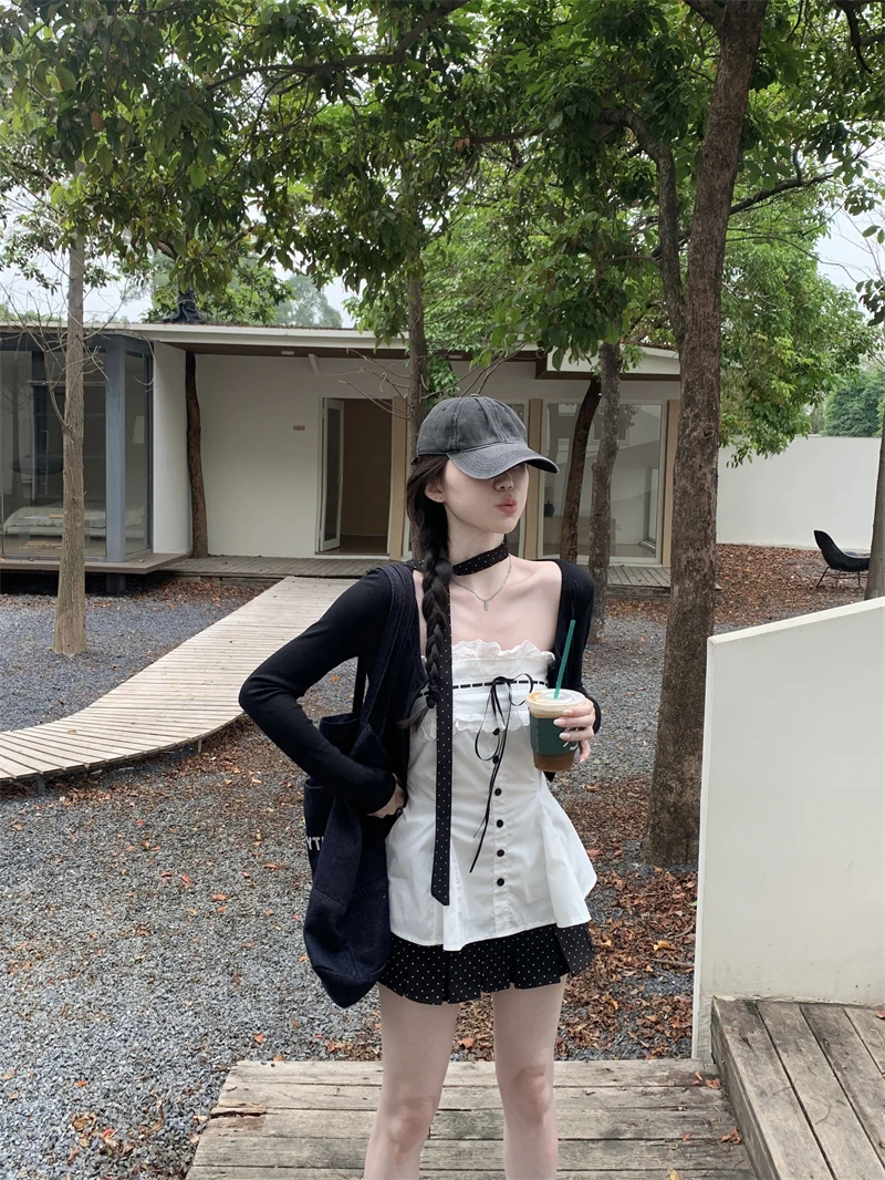 

Black Long Sleeve Open Cardigan Jacket with Tube Top Vest And Polka Dot Skirt Three Piece Set Women's Summer Fashion Outfit