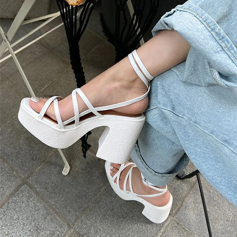 Women High Heels Party Shoes Chunky Sandals 2024 New Summer Cross Tied Sexy Pumps Rome Ladies Shoes Slippers Mujer Zapatos