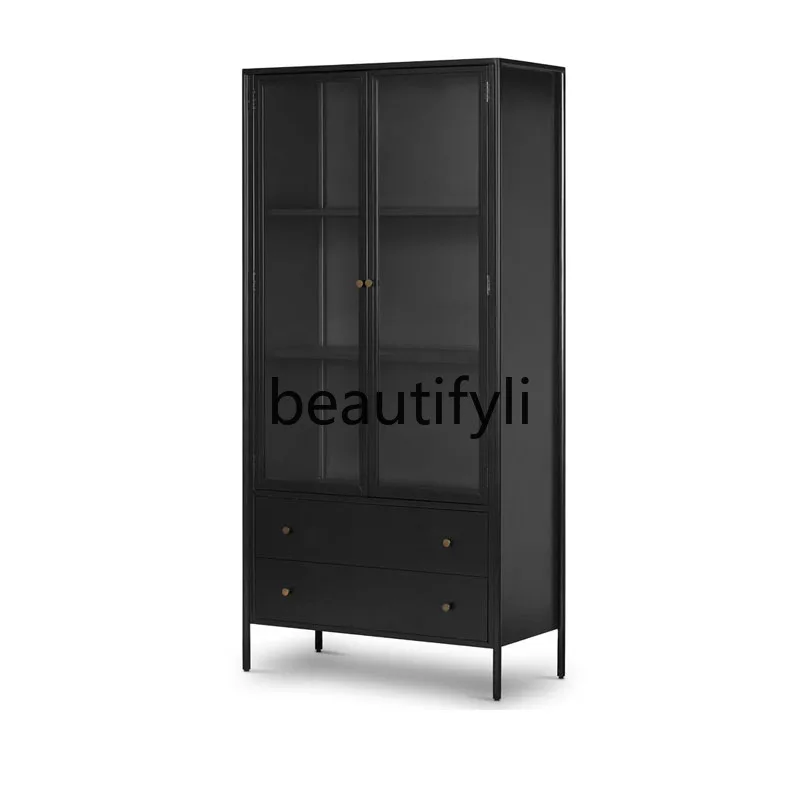 

American light luxury solid wood bookcase, living room floor bookshelf wine cabinet French retro two-door display cabinet