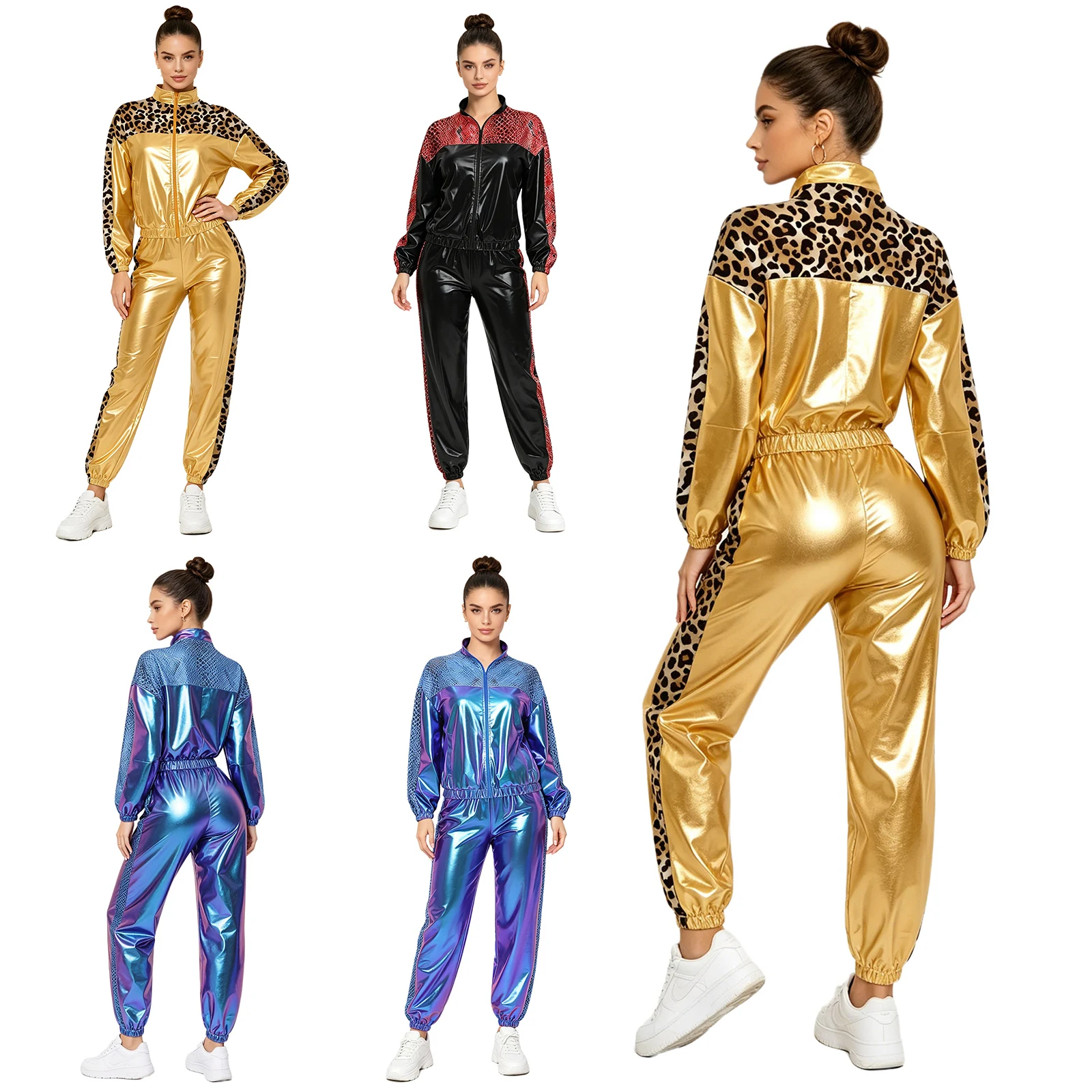 Damen Metallic Glänzendes Disco Hip-Hop Kostüm 80er Jahre Jazz-Tanz-Outfit Langarm-Jacke mit Frontreißverschluss und Jogginghose – Detail 2