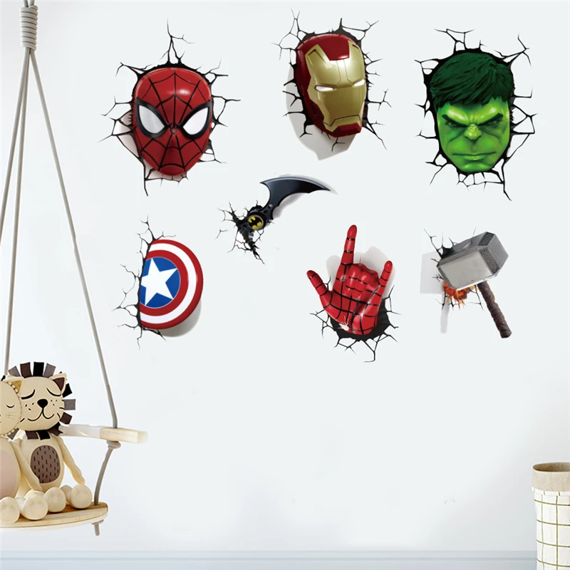 Pegatinas de Pared de Dibujos Animados de Marvel, Vinilos Decorativos Estéreo de Los Vengadores, Superman, Iron Man, para Dormitorio, Decoración de Habitaciones