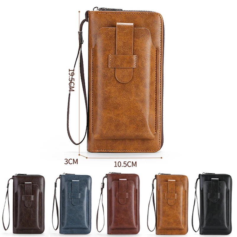 Men Unisex Pu Leather Cell Phone Purse Wallet Handbag Wristlet Pouch Card Bag Business Zipper Multi-Function Purse