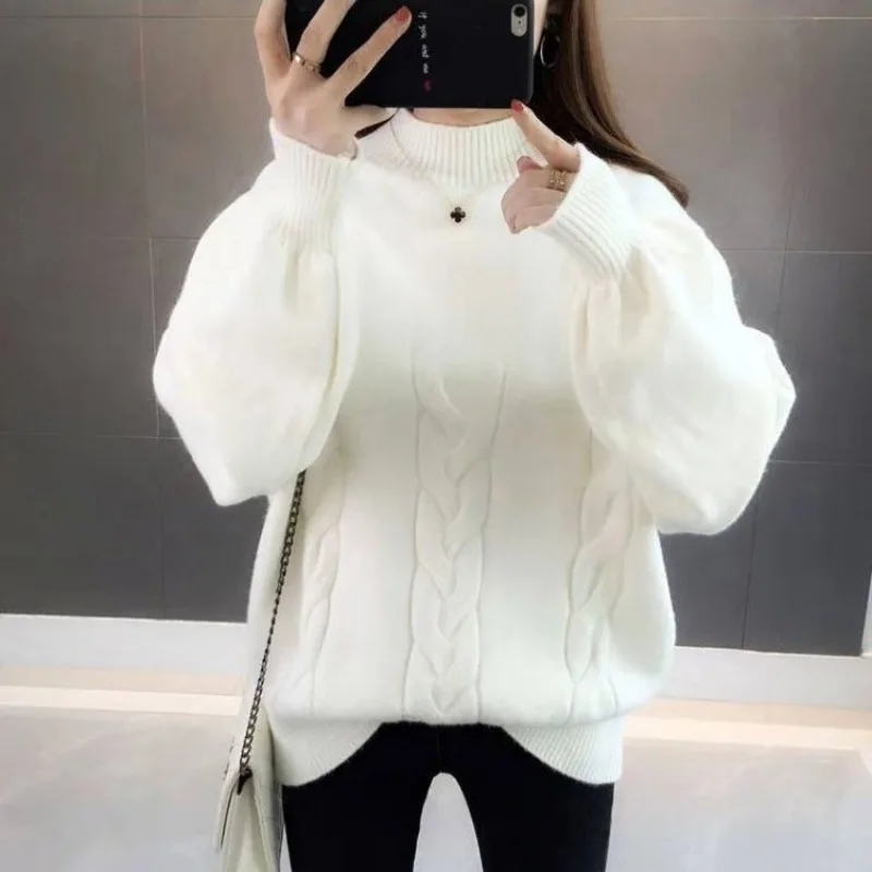 Women's Autumn Winter New Solid Color Semi High Neck 3D Korean Style Temperament Long Sleeved Loose Short Sweater Knitted Tops