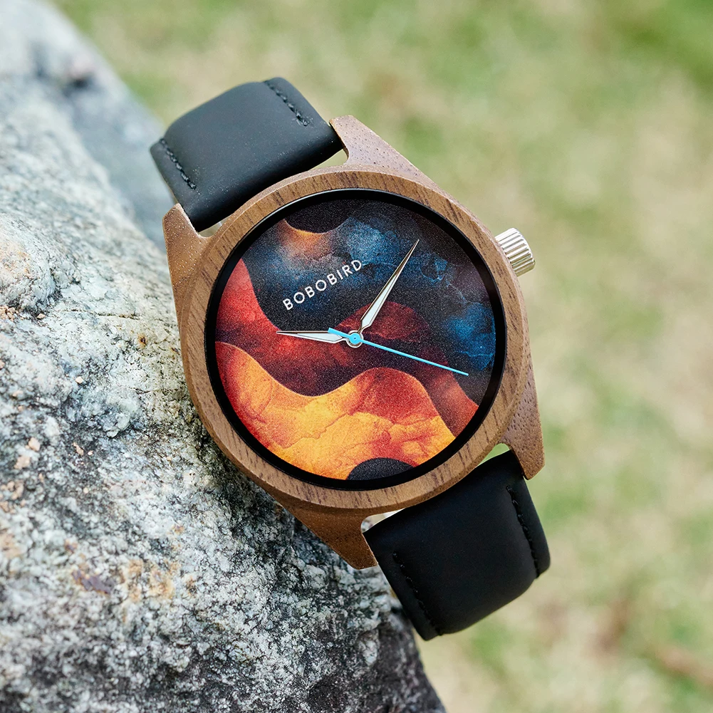 BOBOBIRD Men's Wooden Quartz Watch 2025 New Design Black Leather Strap Walnut Wood Hands Wristwatch Gift for Men