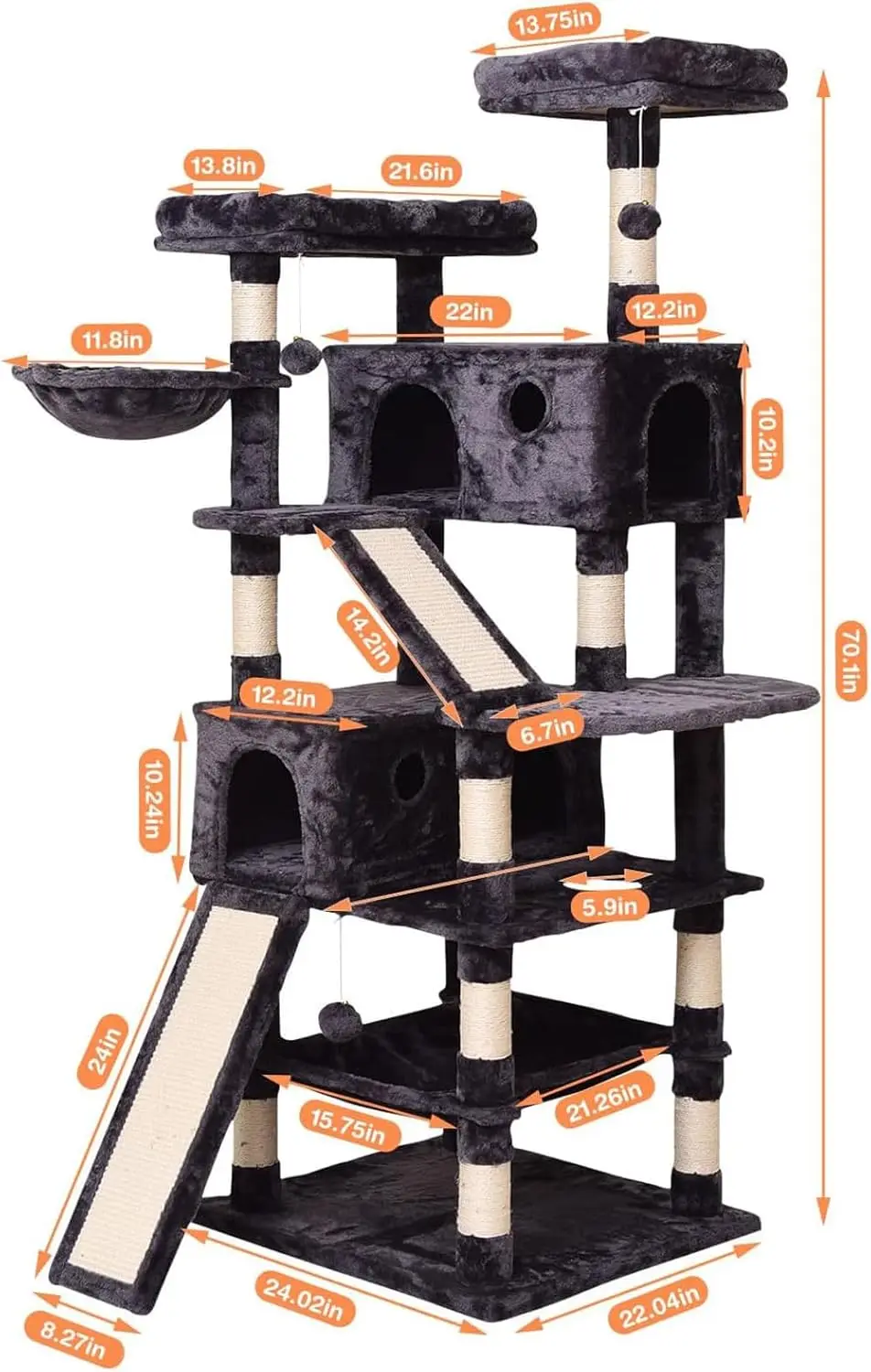 Cat Tree Cat Tower 70.1 in, Multi Level Cat Scratching Post with Condos, Ladders, Basket, Hammock Multicolor options