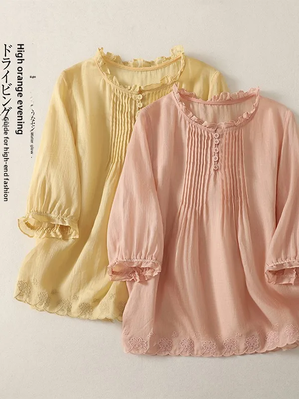 

Loose Casual Mid-Sleeve Button-Up Embroidered Shirt V-Neck Summer Comfortable Breathable Women's Fashion High Waist UV Protec...