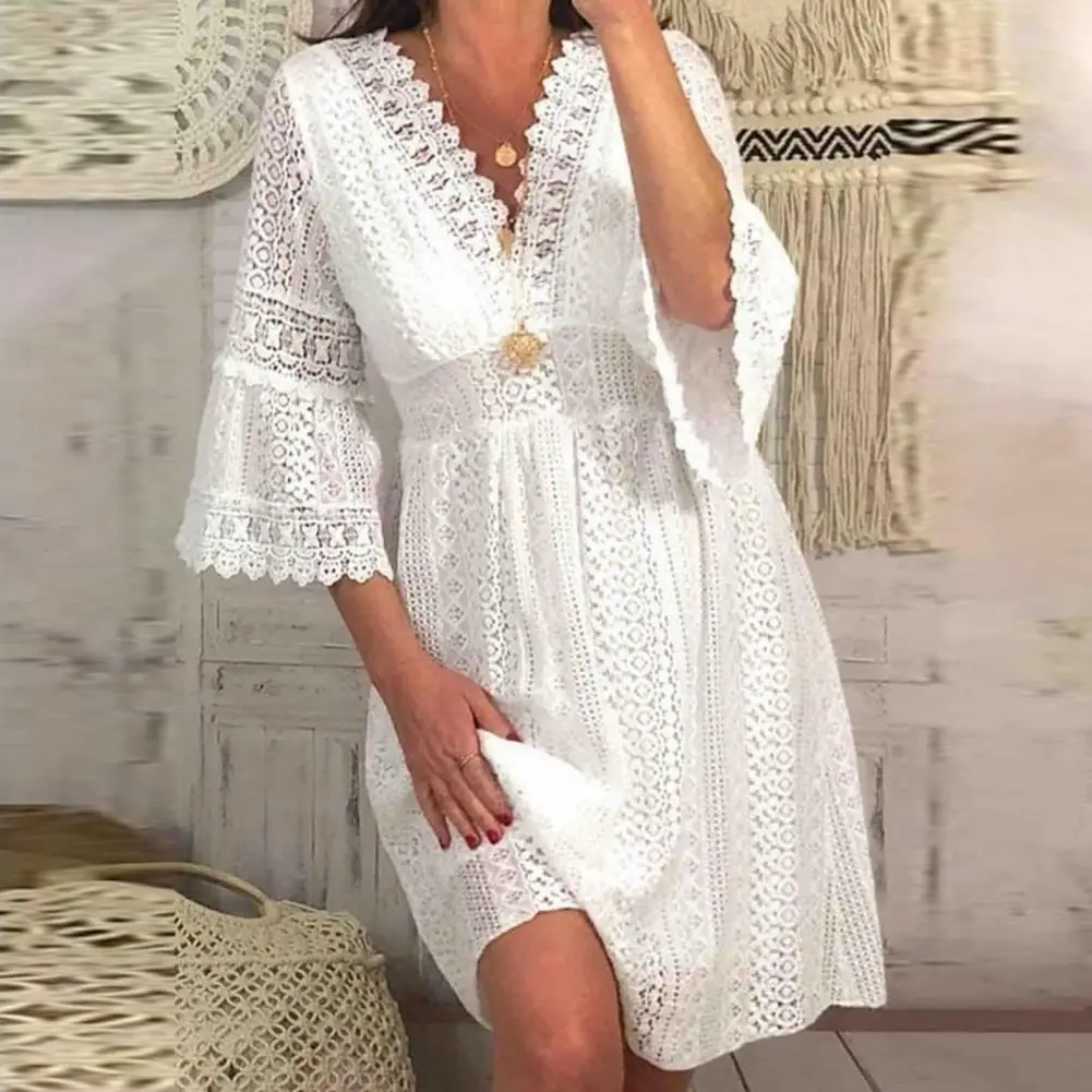 

Women Beach Dress Lace Patchwork Hollow Out Horn Sleeve Lady Dress Solid Color V Neck Sunscreen Crochet Bikini Cover Up