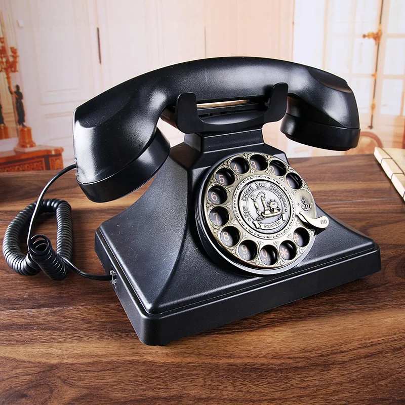 European Antique Telephone American Vintage Landline Home Office Telephone Black Metal Rotation