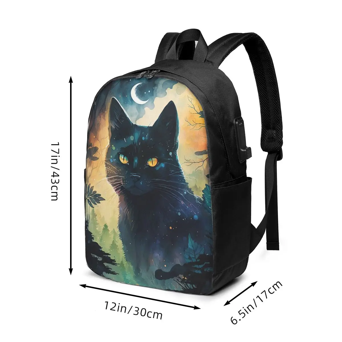 Dark Night Forest Mystical Black Cat Print Backpack Travel Notebook Bag Computer College Student School Bag Laptop Shoulder Bags