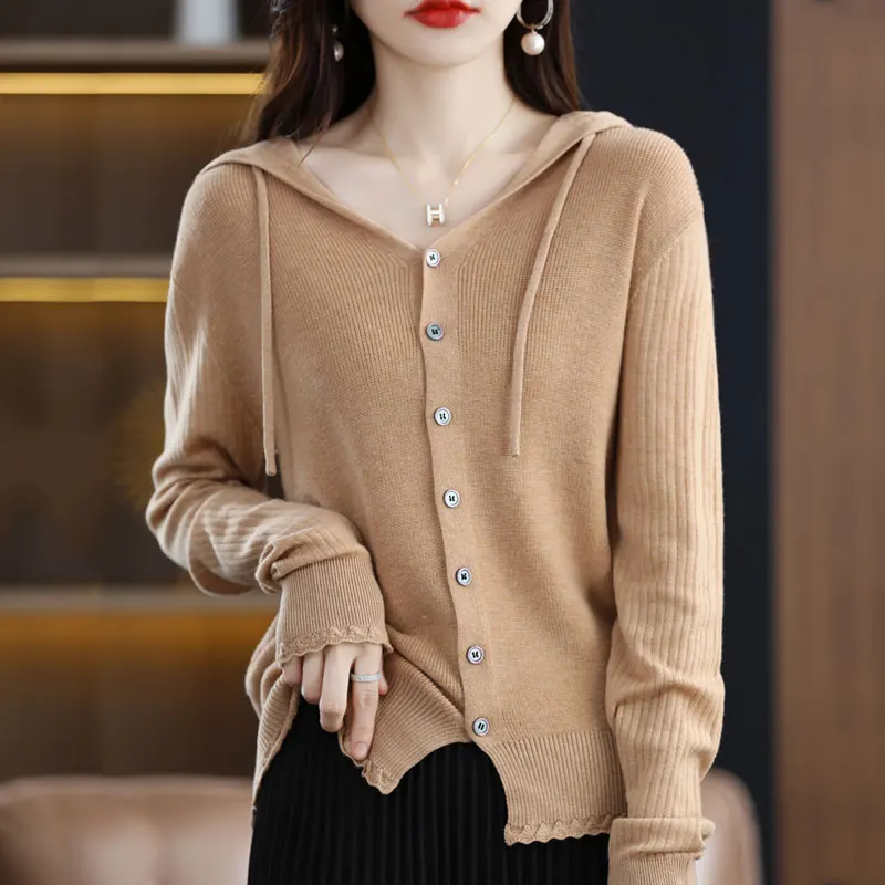 

Autumn Hooded Neck Cardigan Women's Knitted Pure Australian Wool Sweater Long Sleeve lace trimmings high-quality Basics Tops