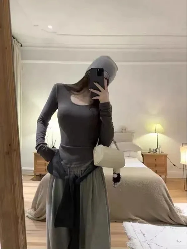 

plus Size Women's Long Sve U-Ne Slim Fit T-irt Korean Sle Commute Faion Boting irt Trendy Autumn Winter New A...