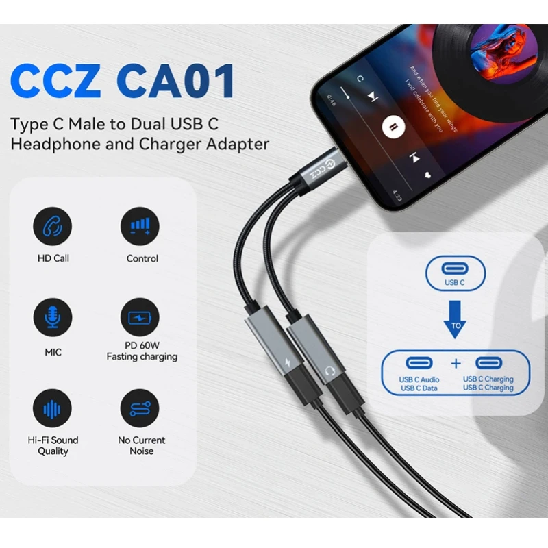 CCZ CA01 USB C a tipo c Jack AUX Audio auriculares Cable 2 en 1 tipo c auriculares 60w PD adaptador de carga rápida para iPhone Macbook