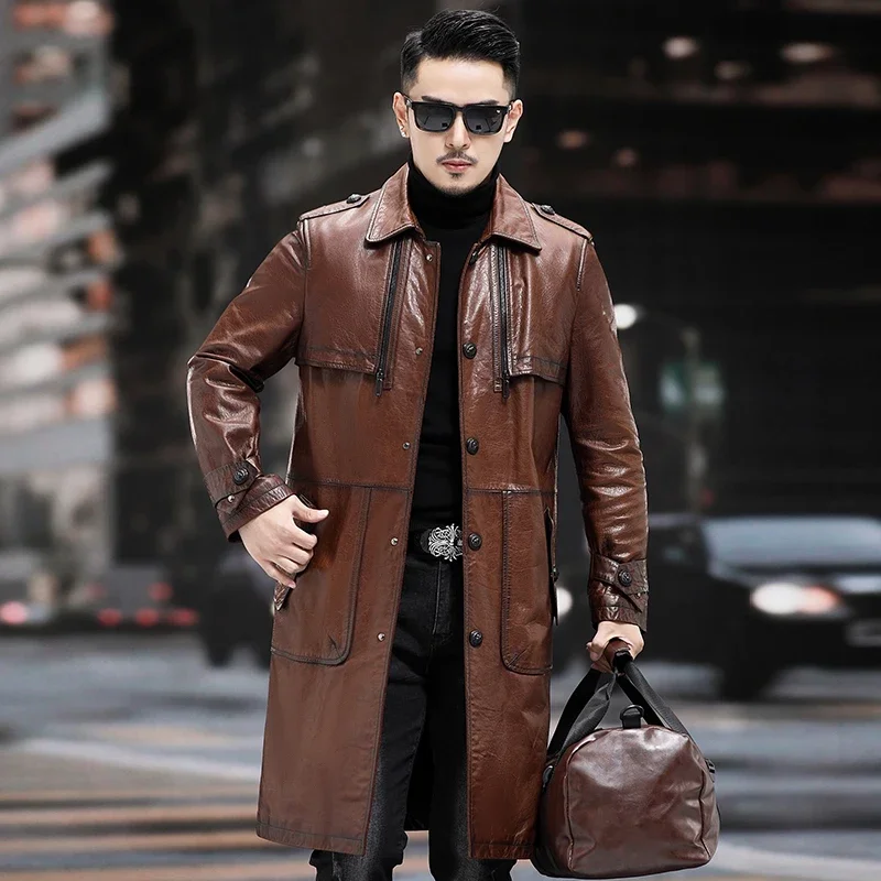 Spring Autumn Long Natural Sheepskin Men's Trench Coat Brown Lapel Genuine Leather Jacket Men Luxurious Overcoat Plus Size L-6XL