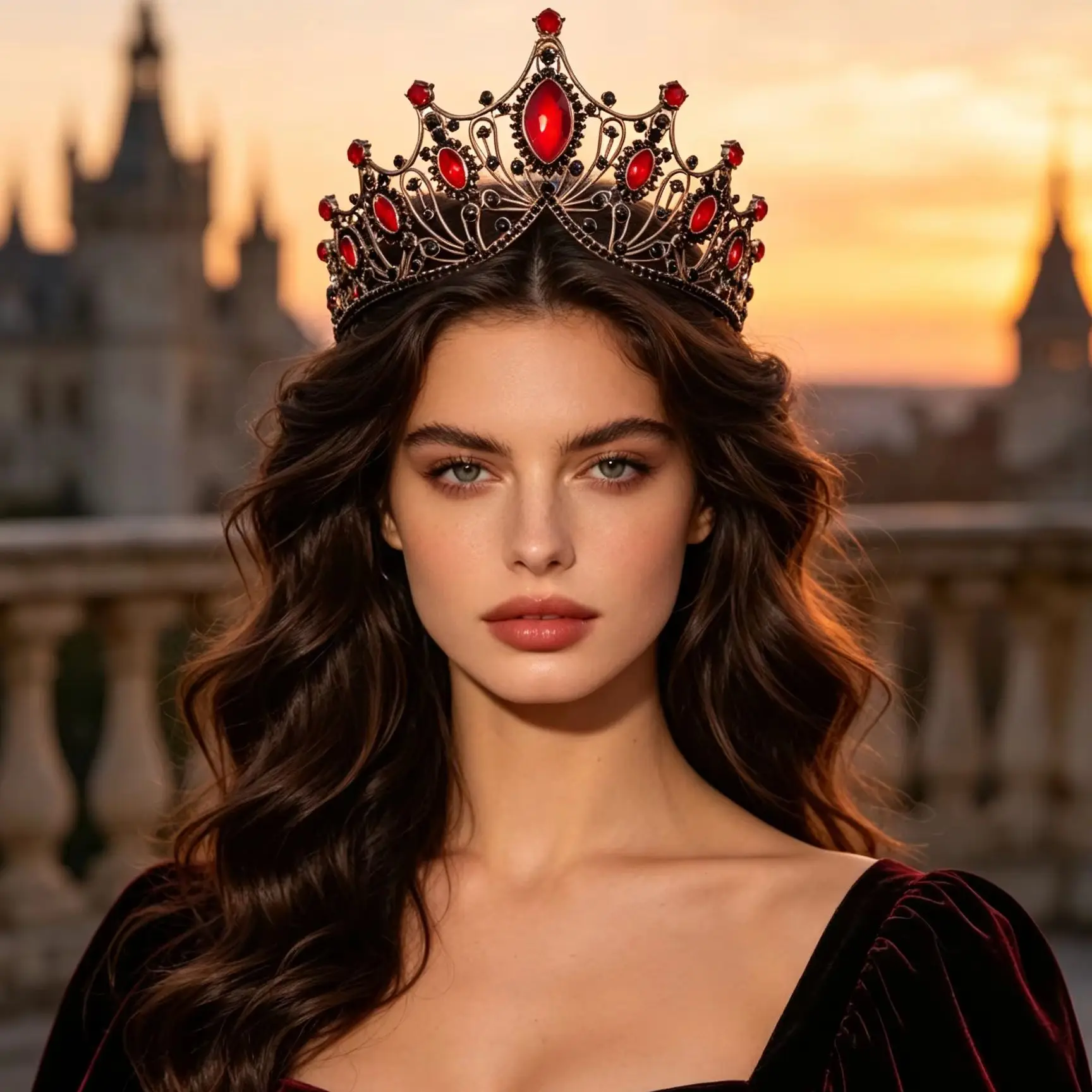 1 Piece of Vintage Black Antique Gold Crystal Crown, Elegant Dark Castle-Themed Wedding Bridal Accessory